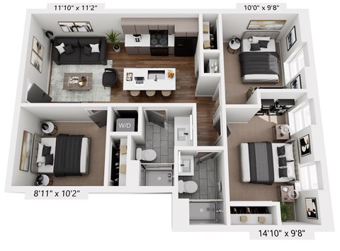 Floor plan for 3 beds, 2 baths, 734 sqft
